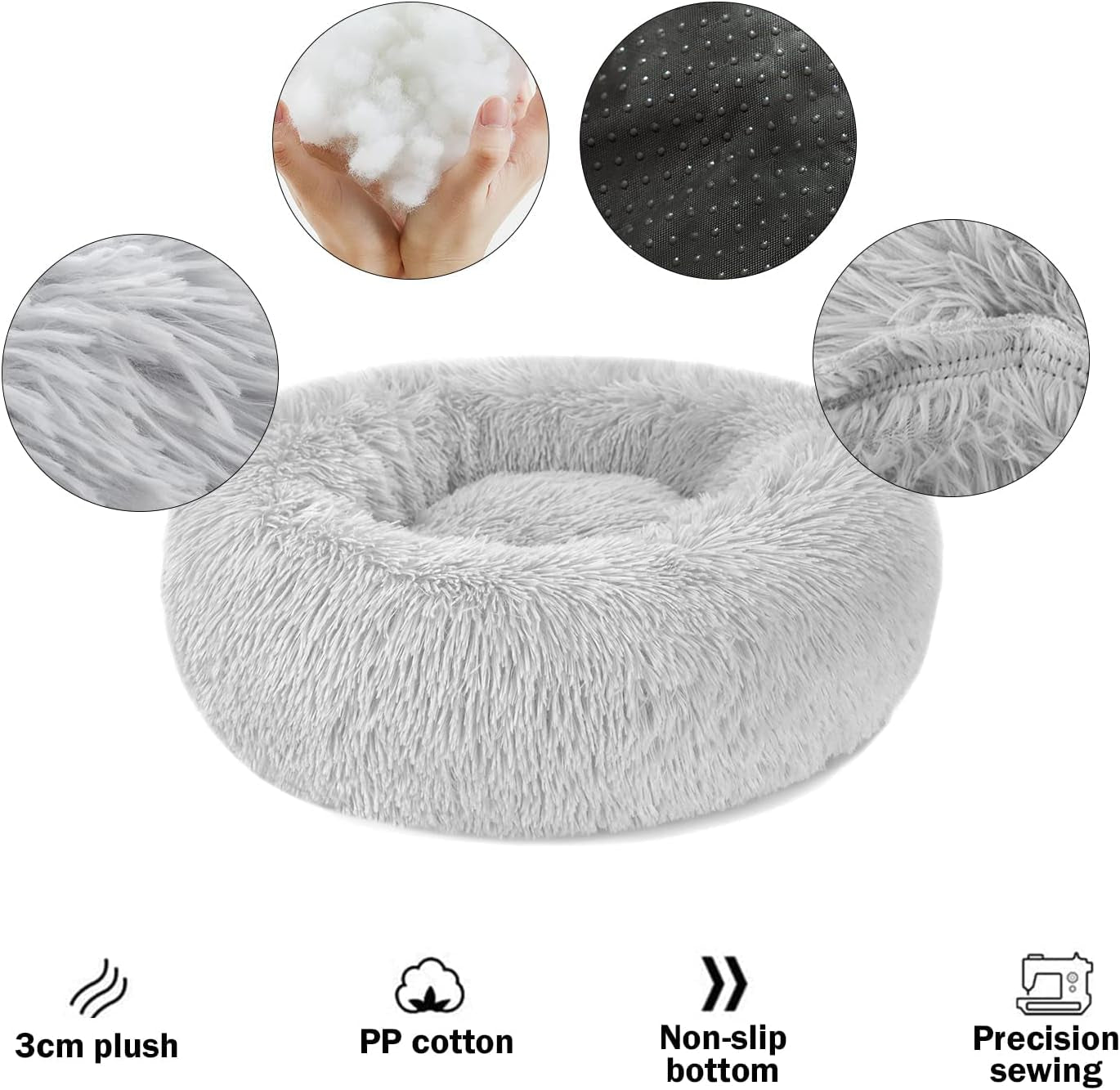 Donut Bed, 19.7'' Plush Pet Bed Mat for Small Dogs & Cats, Calming Cuddler with Waterproof Bottom, Machine Washable, Non-Slip, 22 Lbs Weight Capacity
