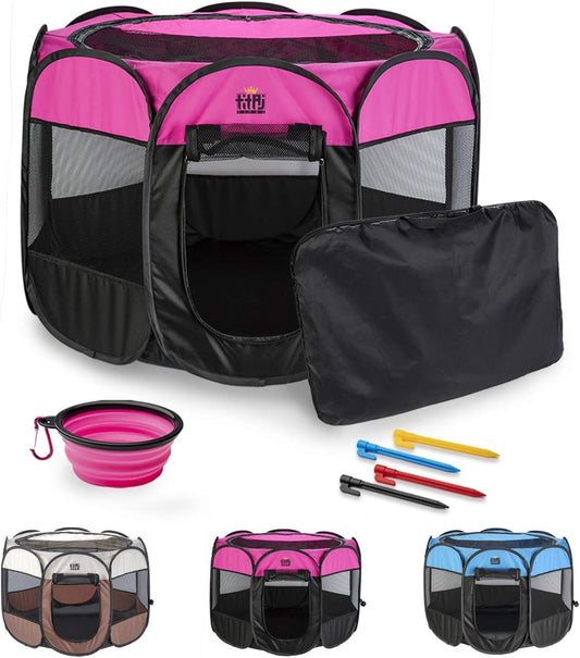 Foldable Dog Playpen - Portable Pet Playpen with Removable Mesh Cover - Folding Puppy Playpen with Zippered Top - Dog Play Pen for Dogs, Cats - Durable Kitten Rabbit Playpen (Small, Pink)