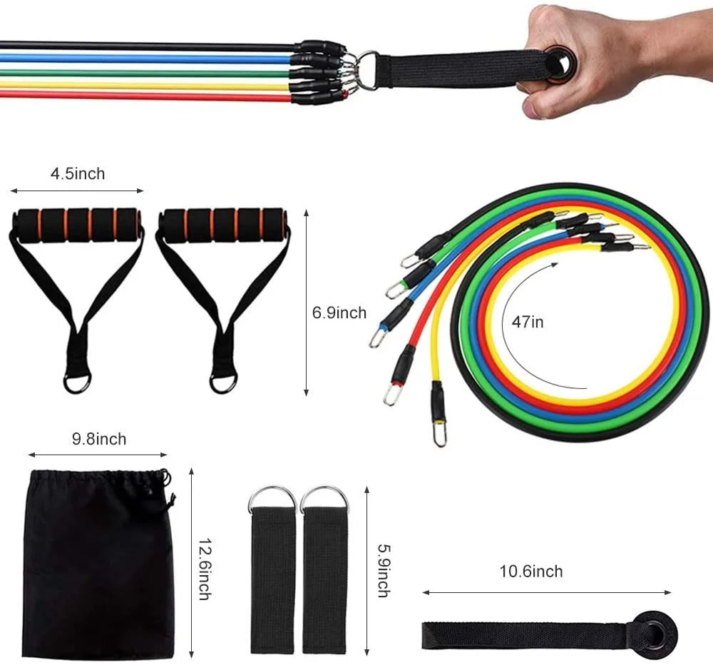 11Pcs Exercise Resistance Bands Set - with Door Anchor, Handles, Ankle Straps, Stackable up to 105Lbs, for Resistance Training, Physical Therapy, Home Workouts