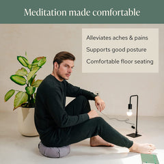 Large Meditation Cushion | Zafu Yoga Bolster Meditation Floor Pillow Seat | Buckwheat Hull Filled Crescent Shaped Cushion with Removable Washable Cover + Carry Handle | Grey