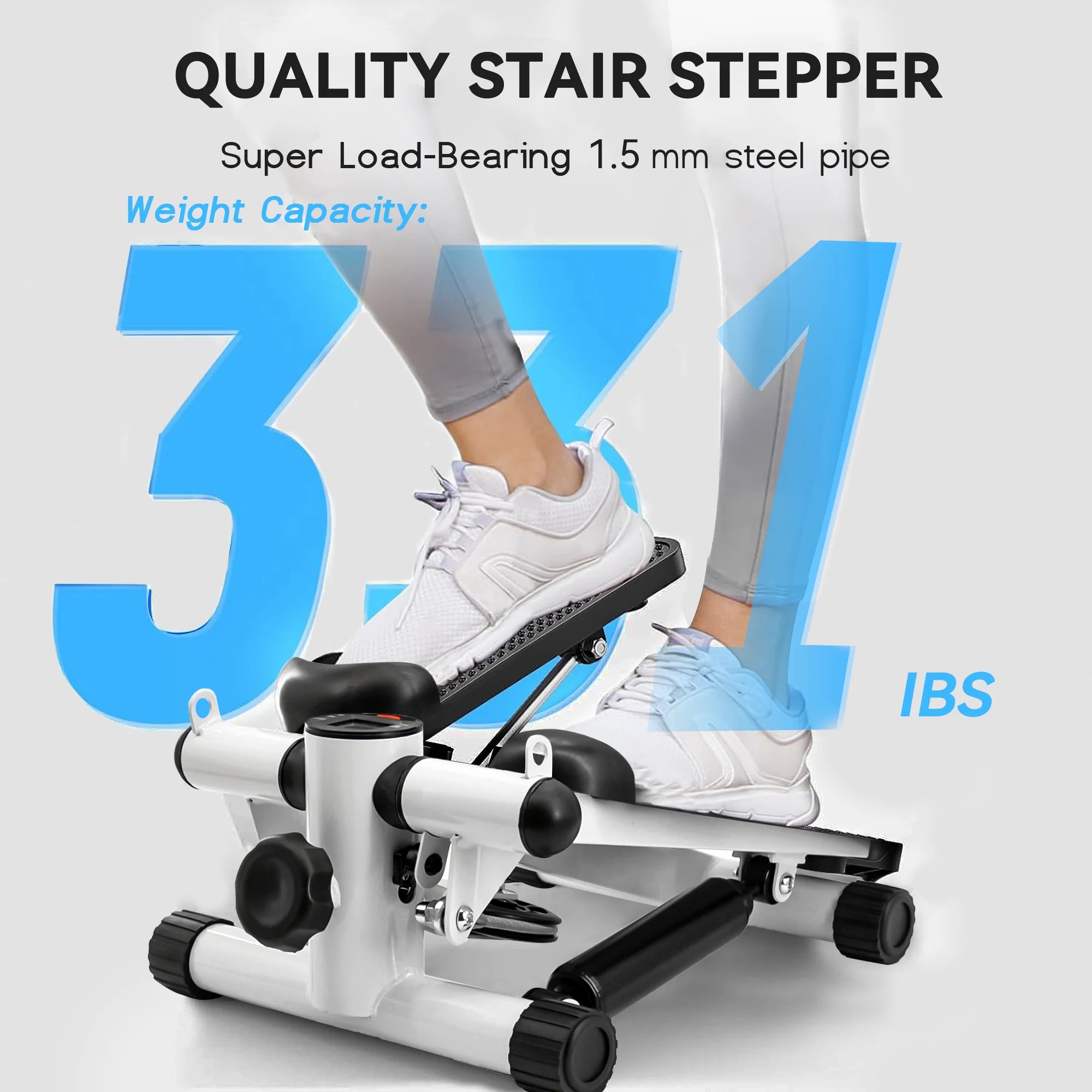 Mini Steppers for Exercise, Mute the Sound with Resistance Bands, 331Lbs Loading Capacity, Digital Monitor, Optional Twist Motion for Home Fitness - White