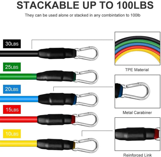 11Pcs Exercise Resistance Bands Set - with Door Anchor, Handles, Ankle Straps, Stackable up to 105Lbs, for Resistance Training, Physical Therapy, Home Workouts