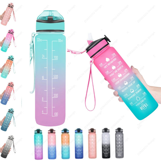 1L Sports Water Bottle with Straw Time Marker Gradient Color Motivational Bottle Leakproof Outdoor Student Drinking Water Cup