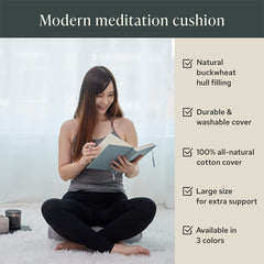 Large Meditation Cushion | Zafu Yoga Bolster Meditation Floor Pillow Seat | Buckwheat Hull Filled Crescent Shaped Cushion with Removable Washable Cover + Carry Handle | Grey