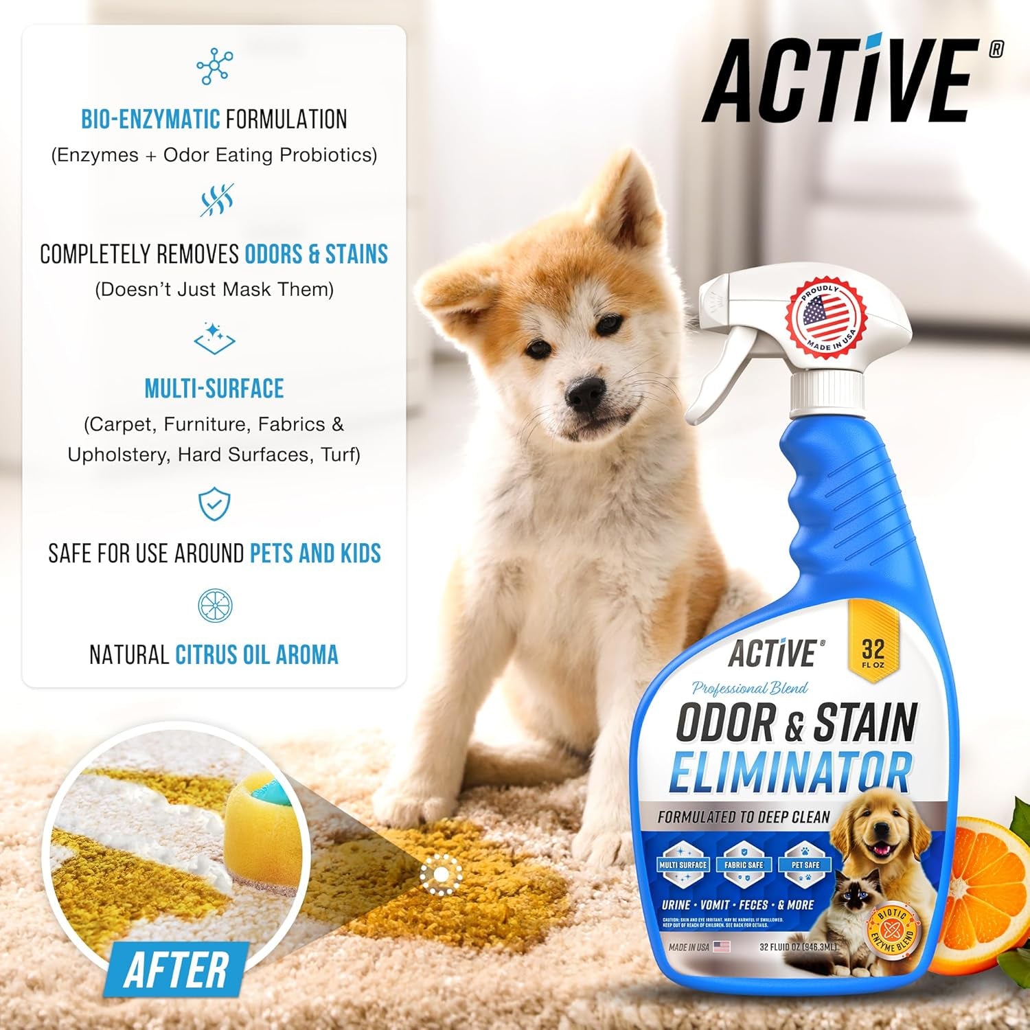 Pet Odor and Stain Eliminator - 32 Oz Enzyme Cleaner for Dog & Cat Urine, Stain