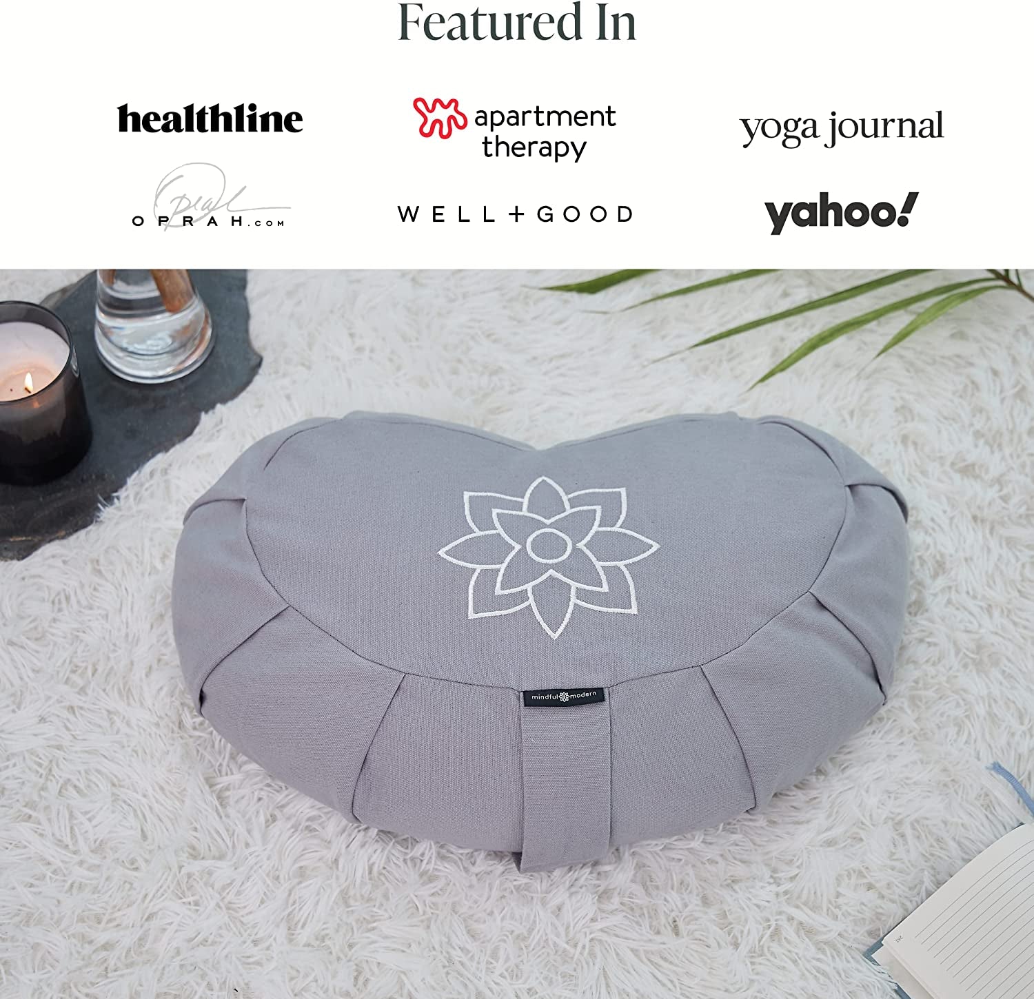 Large Meditation Cushion | Zafu Yoga Bolster Meditation Floor Pillow Seat | Buckwheat Hull Filled Crescent Shaped Cushion with Removable Washable Cover + Carry Handle | Grey