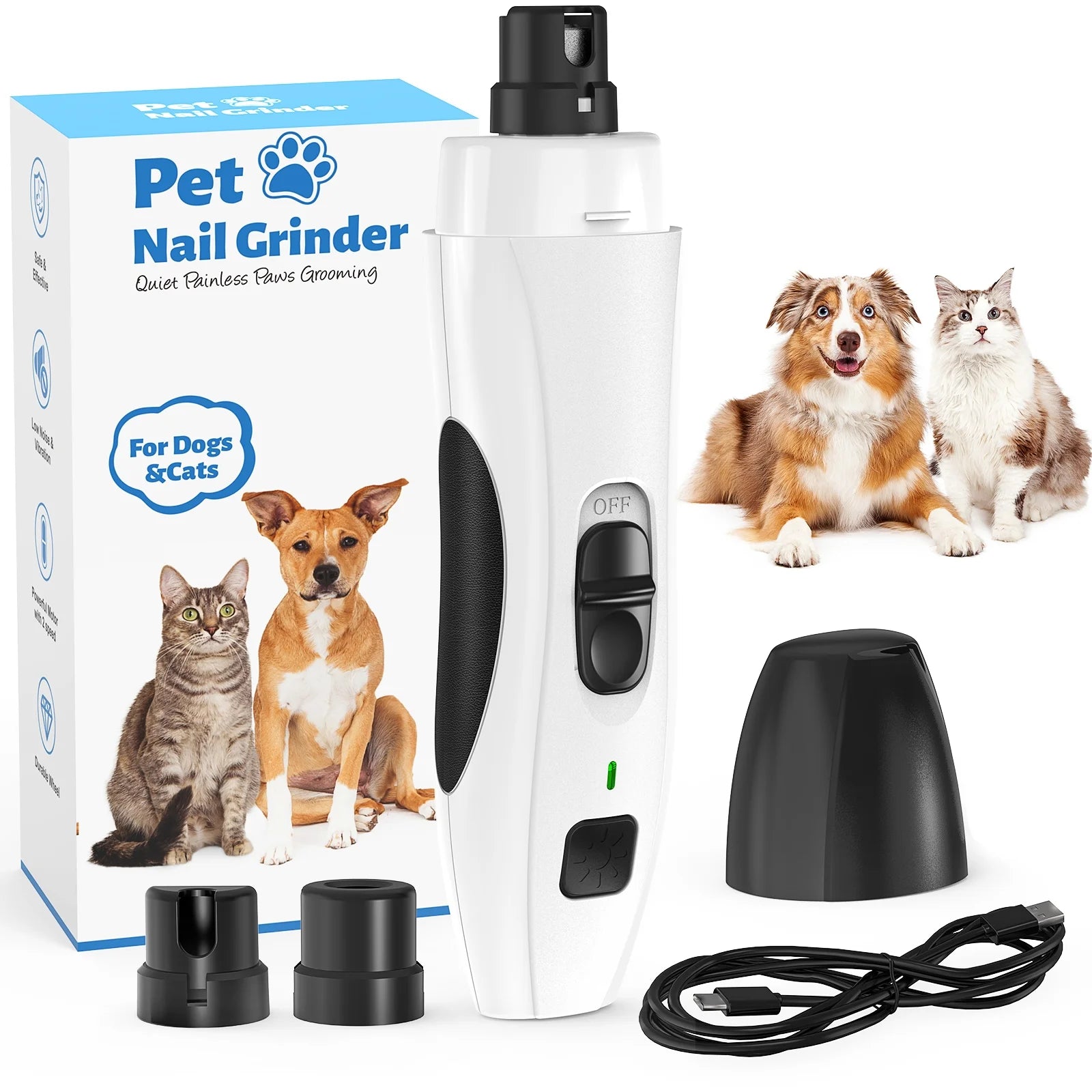 Pet Dog Nail Grinder 2-Speed Electric Rechargeable Pet Nail Trimmer Painless Paws for Small Medium Large Dogs & Cats
