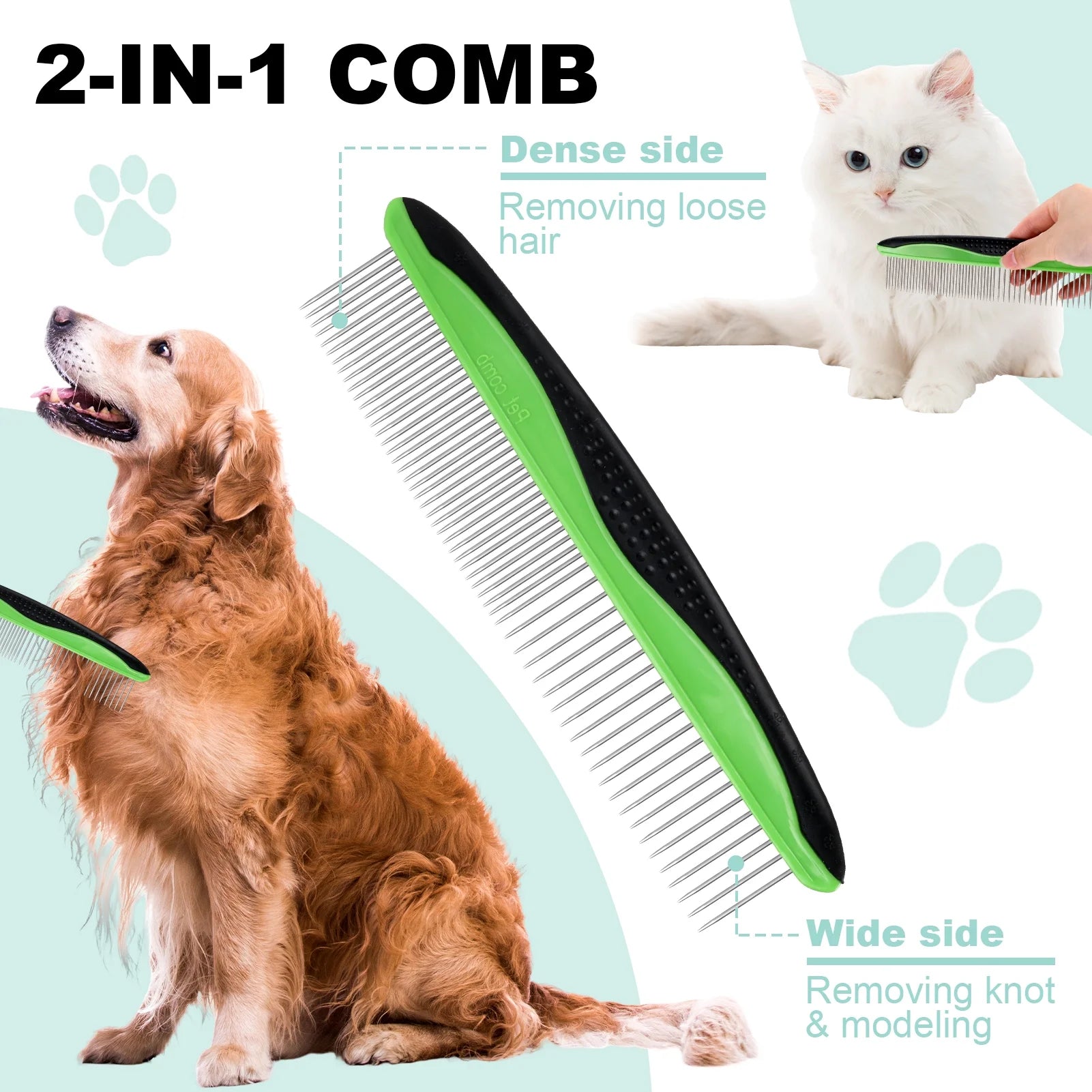 2 Pcs Pet Grooming Brush, Undercoat Rake for Dogs and Cats, Double-Sided Dog Deshedding Tool Removes Knot, Tangled Hair Dematting Comb for Dogs, with Pet Steel Comb