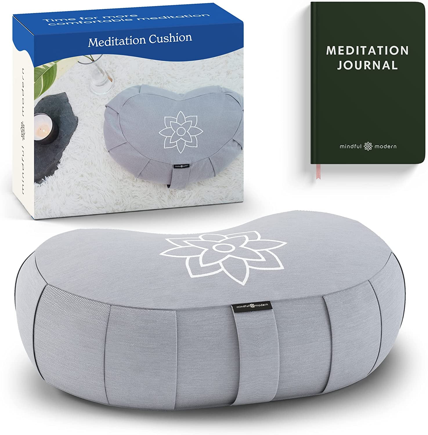 Large Meditation Cushion | Zafu Yoga Bolster Meditation Floor Pillow Seat | Buckwheat Hull Filled Crescent Shaped Cushion with Removable Washable Cover + Carry Handle | Grey