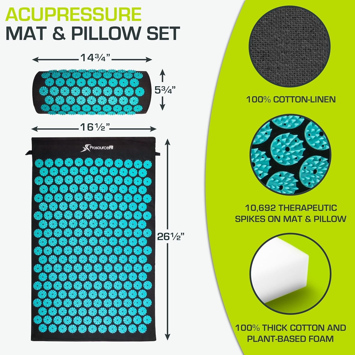Acupressure Mat and Pillow Set for Back/Neck Pain Relief and Muscle Relaxation, Large - Black/Aqua