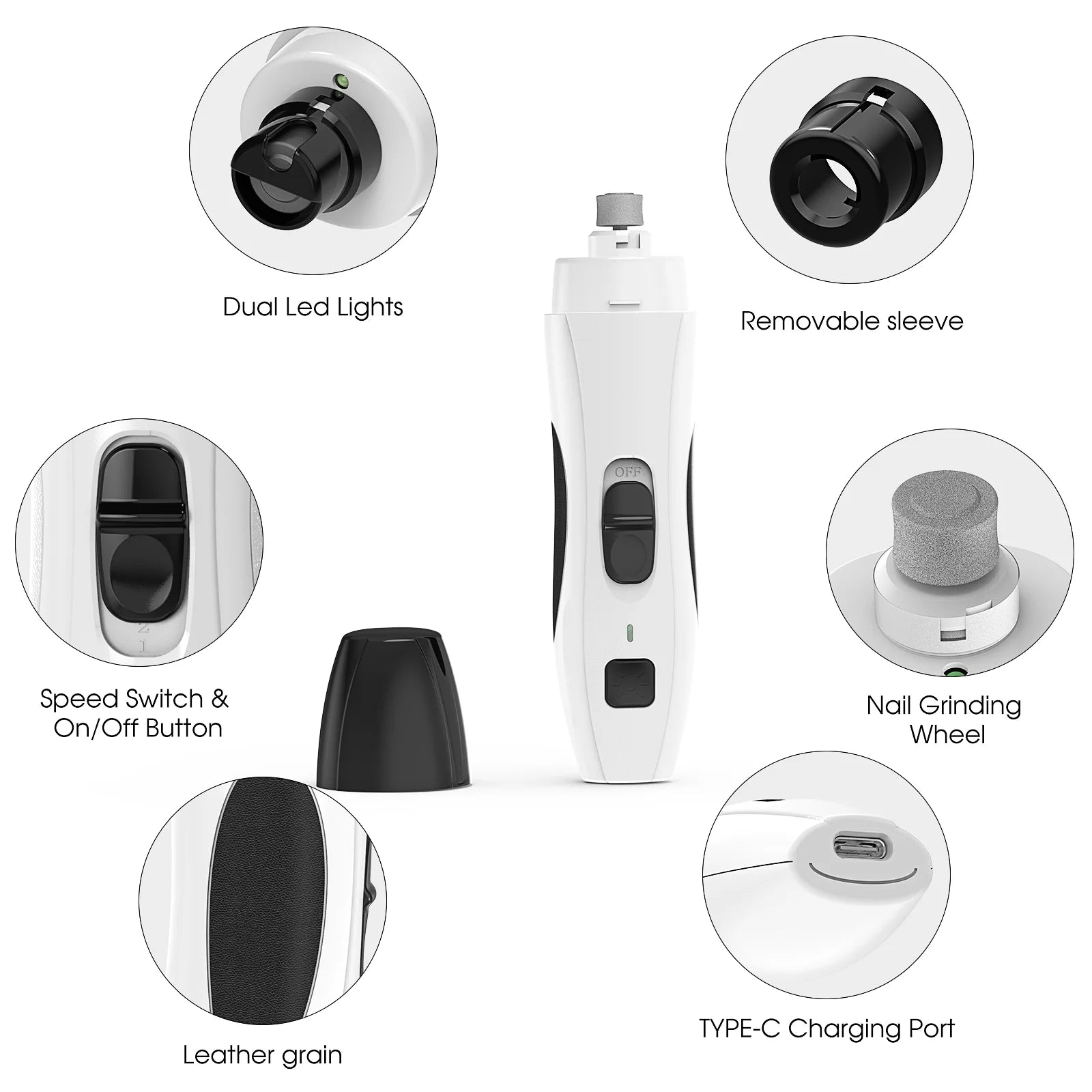 Pet Dog Nail Grinder 2-Speed Electric Rechargeable Pet Nail Trimmer Painless Paws for Small Medium Large Dogs & Cats