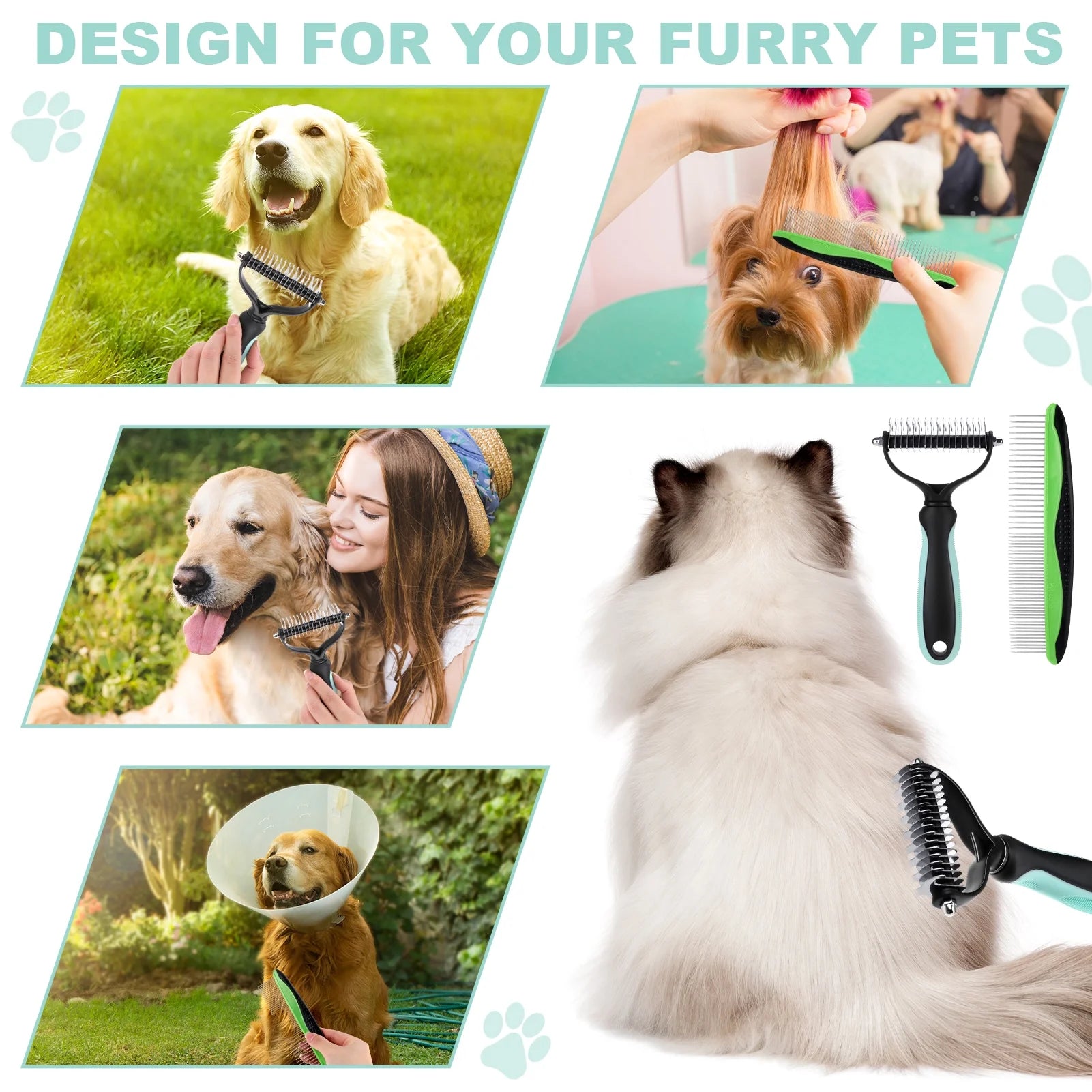 2 Pcs Pet Grooming Brush, Undercoat Rake for Dogs and Cats, Double-Sided Dog Deshedding Tool Removes Knot, Tangled Hair Dematting Comb for Dogs, with Pet Steel Comb