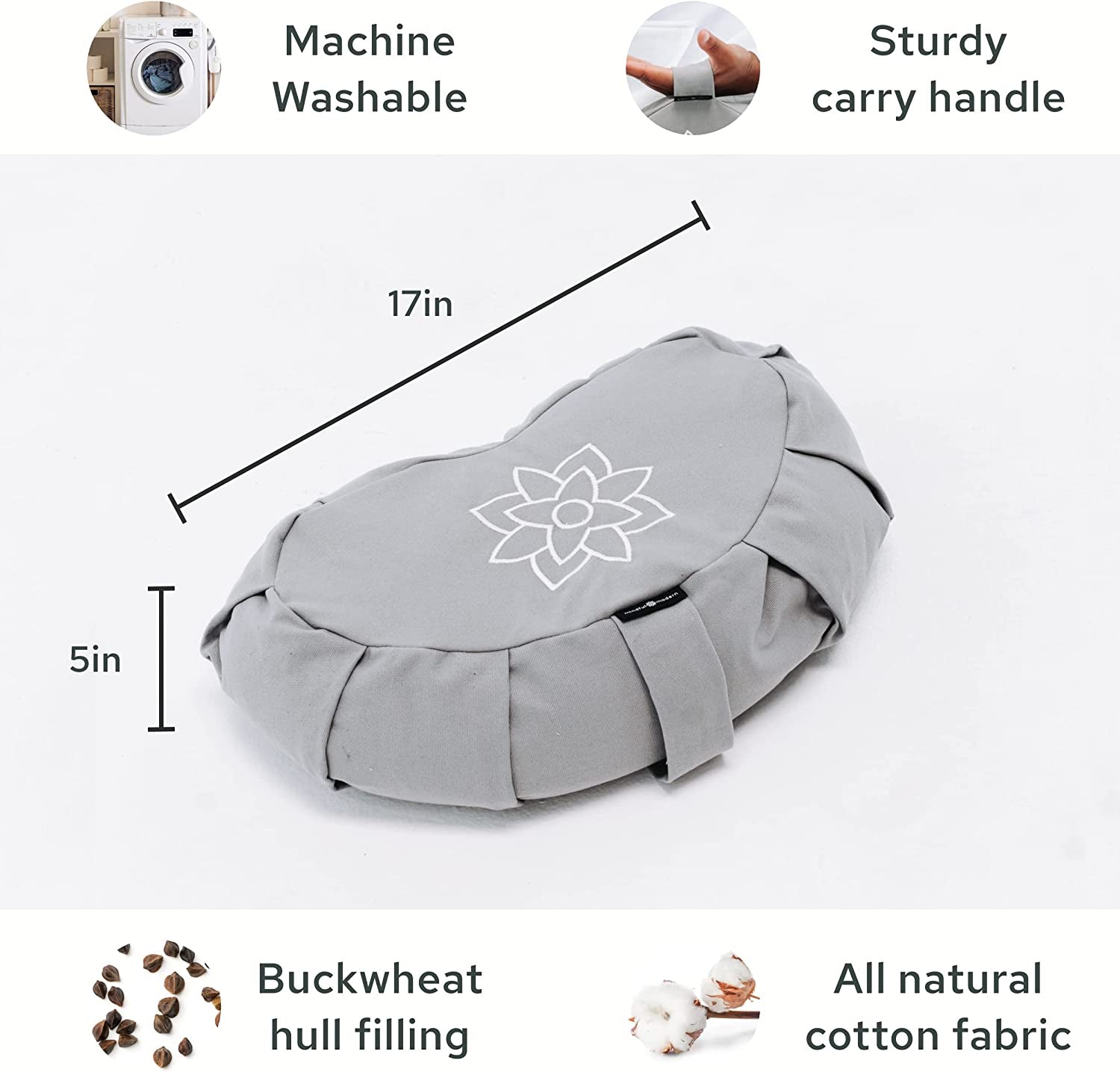 Large Meditation Cushion | Zafu Yoga Bolster Meditation Floor Pillow Seat | Buckwheat Hull Filled Crescent Shaped Cushion with Removable Washable Cover + Carry Handle | Grey