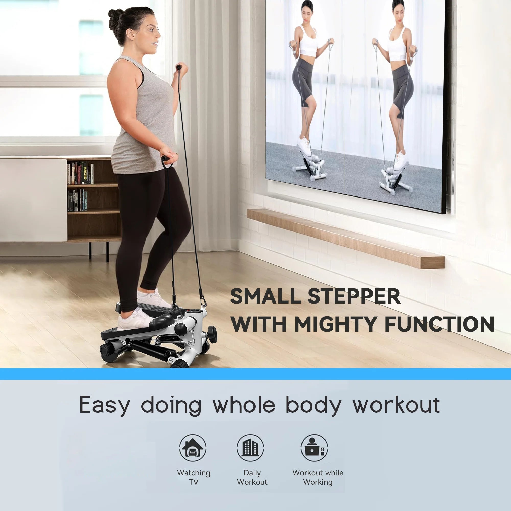Mini Steppers for Exercise, Mute the Sound with Resistance Bands, 331Lbs Loading Capacity, Digital Monitor, Optional Twist Motion for Home Fitness - White