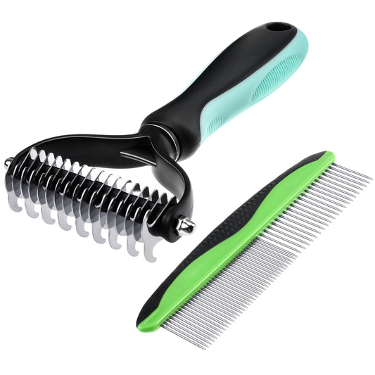 2 Pcs Pet Grooming Brush, Undercoat Rake for Dogs and Cats, Double-Sided Dog Deshedding Tool Removes Knot, Tangled Hair Dematting Comb for Dogs, with Pet Steel Comb