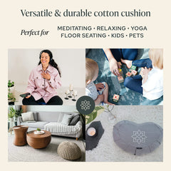 Large Meditation Cushion | Zafu Yoga Bolster Meditation Floor Pillow Seat | Buckwheat Hull Filled Crescent Shaped Cushion with Removable Washable Cover + Carry Handle | Grey