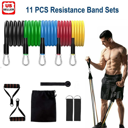 11Pcs Exercise Resistance Bands Set - with Door Anchor, Handles, Ankle Straps, Stackable up to 105Lbs, for Resistance Training, Physical Therapy, Home Workouts